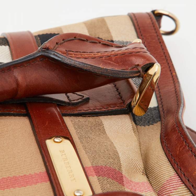 Pre Owned Burberry Beige/Tan House Check Canvas and Leather Hobo
