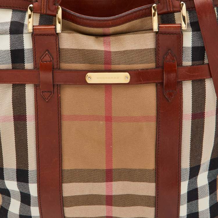 Pre Owned Burberry Beige/Tan House Check Canvas and Leather Hobo