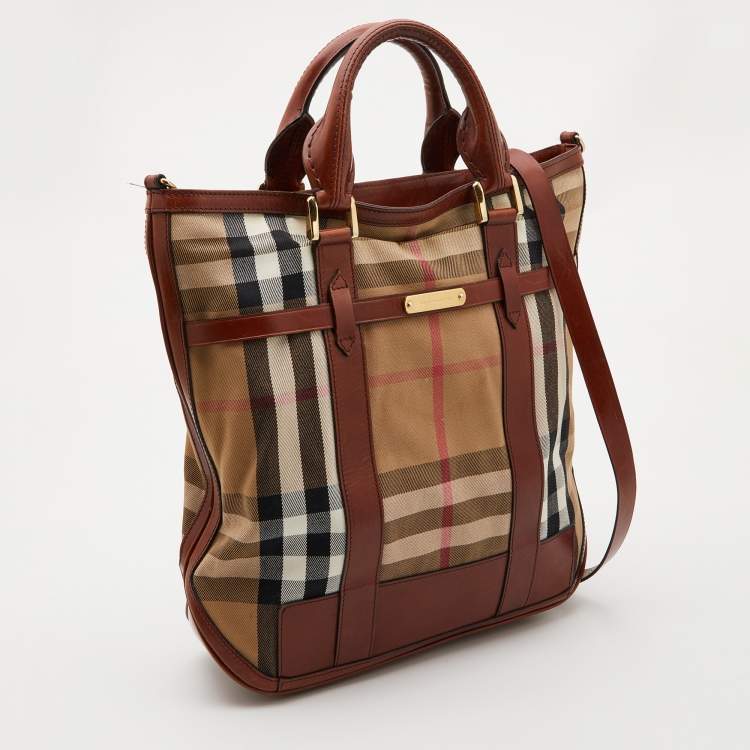 Pre Owned Burberry Beige/Tan House Check Canvas and Leather Hobo