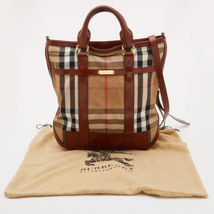 Pre Owned Burberry Beige/Tan House Check Canvas and Leather Hobo