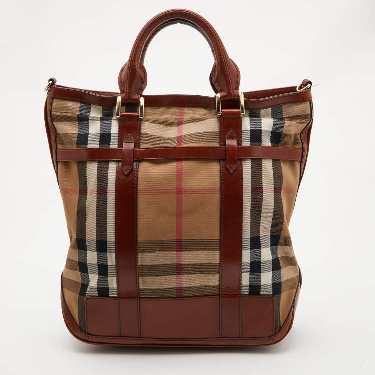 Pre Owned Burberry Beige/Tan House Check Canvas and Leather Hobo
