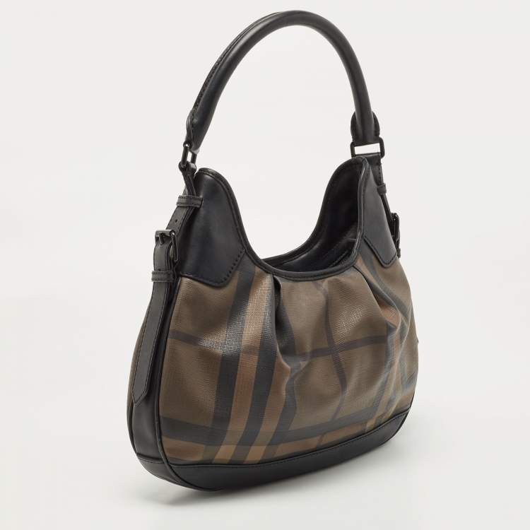 Pre Owned Burberry Black/Dark Burgundy House Check PVC and Leather Small Brooklyn Hobo