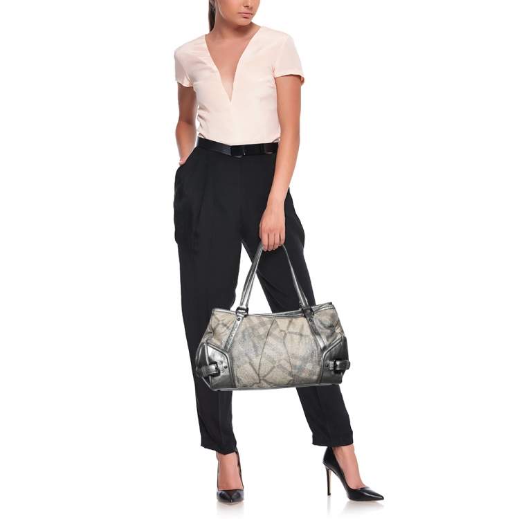 Pre Owned Burberry Metallic Grey Shimmer Nova Check Canvas and Leather Pilgrim Tote 