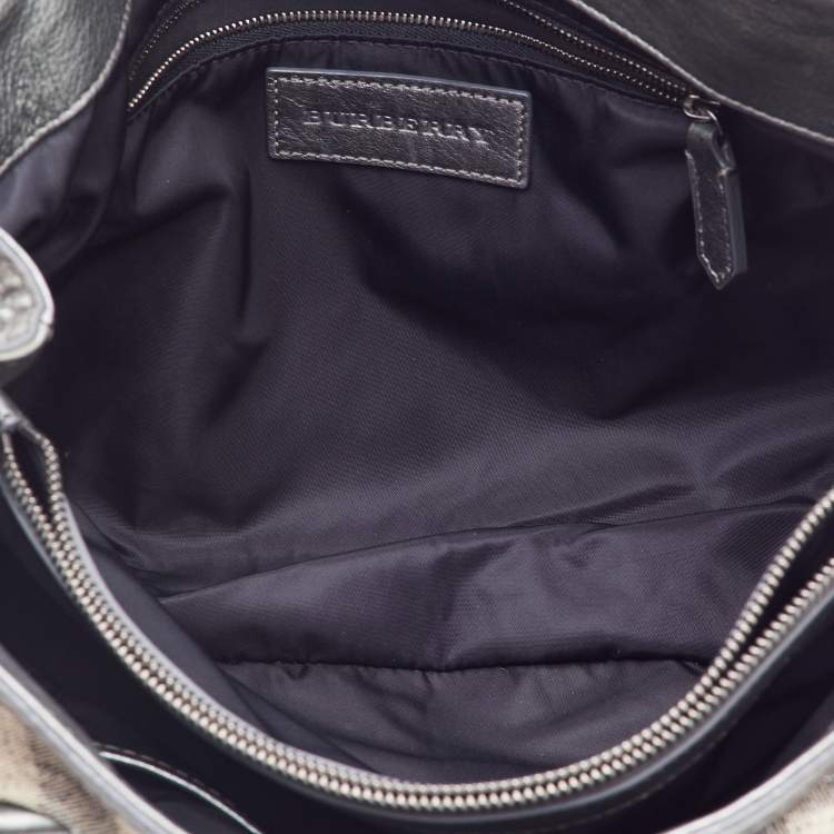 Pre Owned Burberry Metallic Grey Shimmer Nova Check Canvas and Leather Pilgrim Tote 