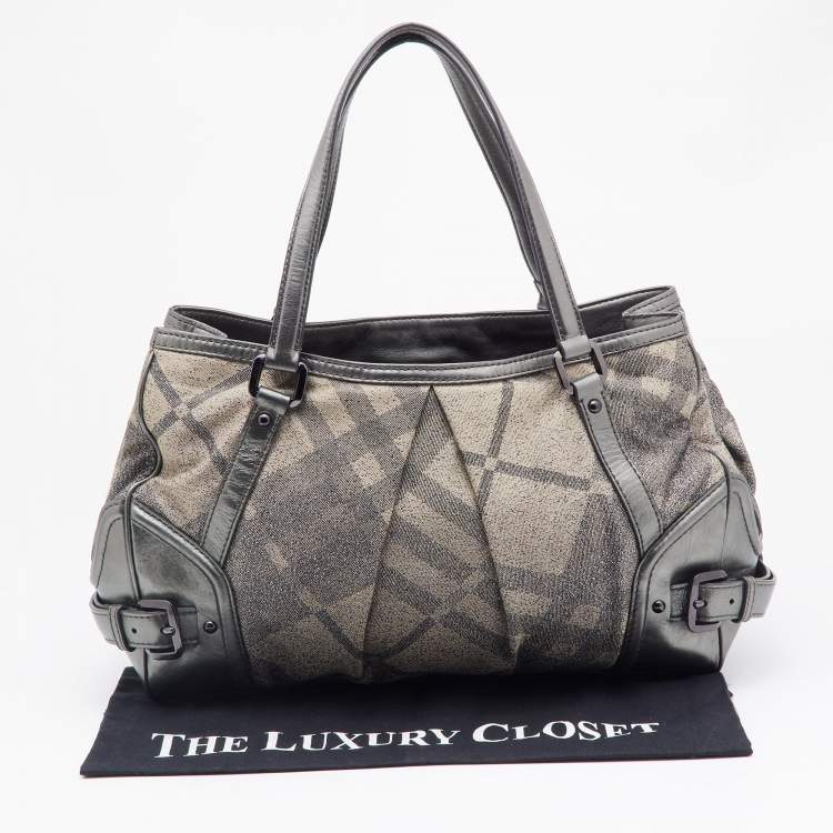 Pre Owned Burberry Metallic Grey Shimmer Nova Check Canvas and Leather Pilgrim Tote 