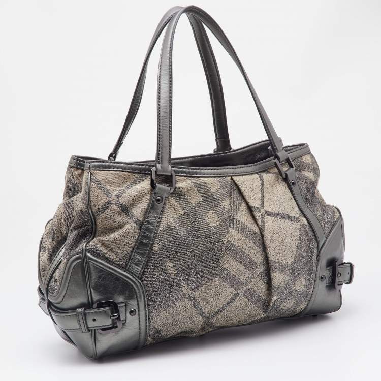 Pre Owned Burberry Metallic Grey Shimmer Nova Check Canvas and Leather Pilgrim Tote 