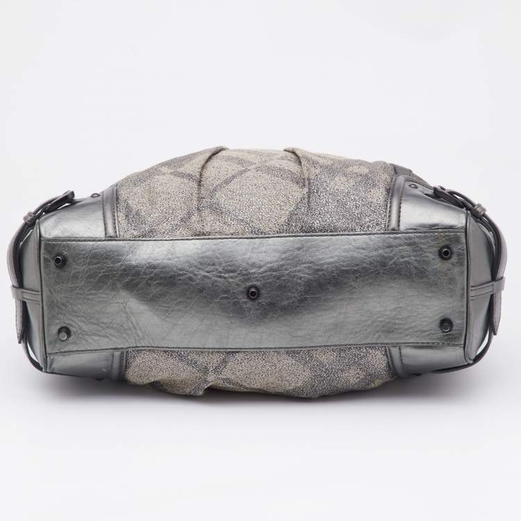 Pre Owned Burberry Metallic Grey Shimmer Nova Check Canvas and Leather Pilgrim Tote 