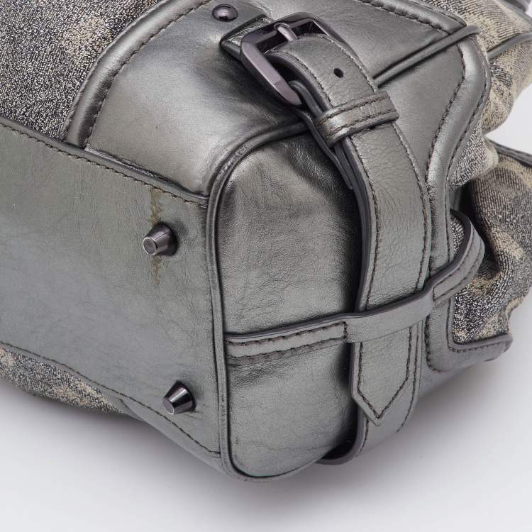 Pre Owned Burberry Metallic Grey Shimmer Nova Check Canvas and Leather Pilgrim Tote 