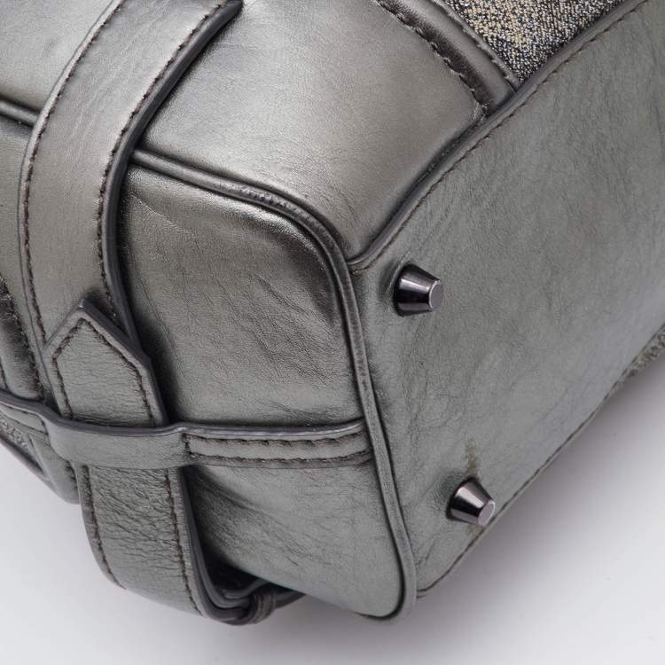 Pre Owned Burberry Metallic Grey Shimmer Nova Check Canvas and Leather Pilgrim Tote 