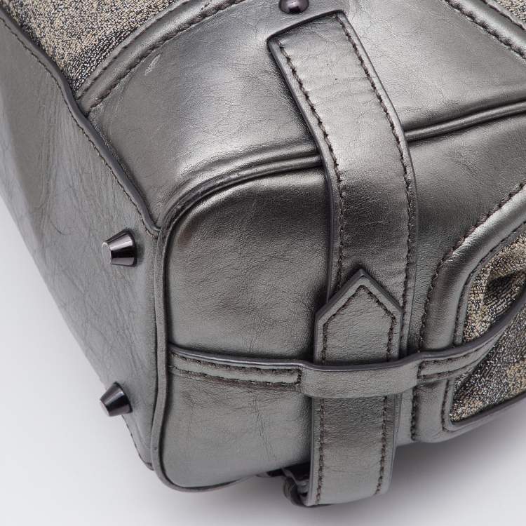 Pre Owned Burberry Metallic Grey Shimmer Nova Check Canvas and Leather Pilgrim Tote 