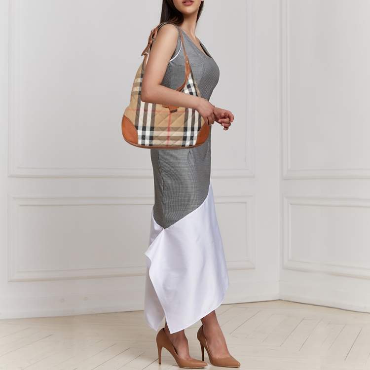 Pre Owned Burberry Beige/Tan House Check Canvas and Leather Brooke Hobo