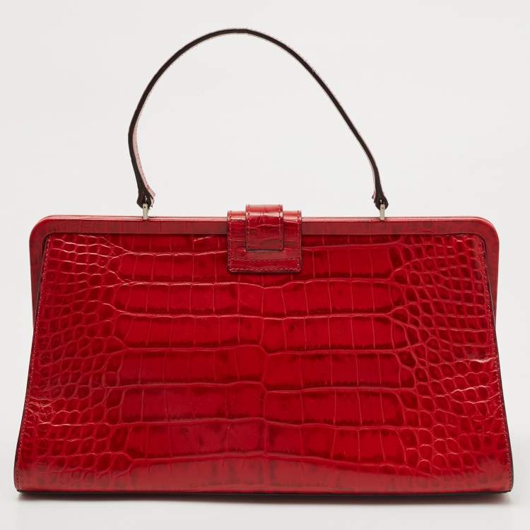 Pre Owned Burberry Red Croc Embossed Leather Frame Satchel