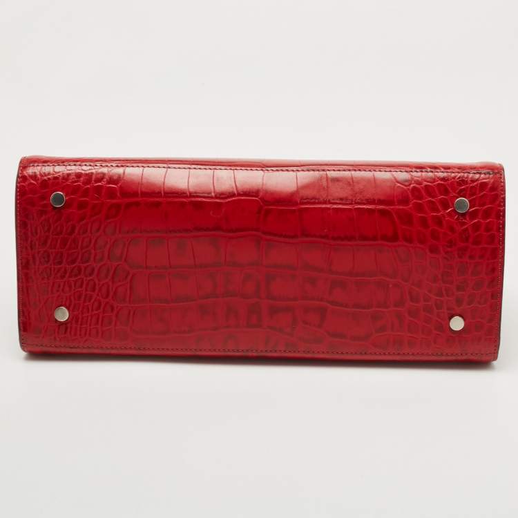 Pre Owned Burberry Red Croc Embossed Leather Frame Satchel