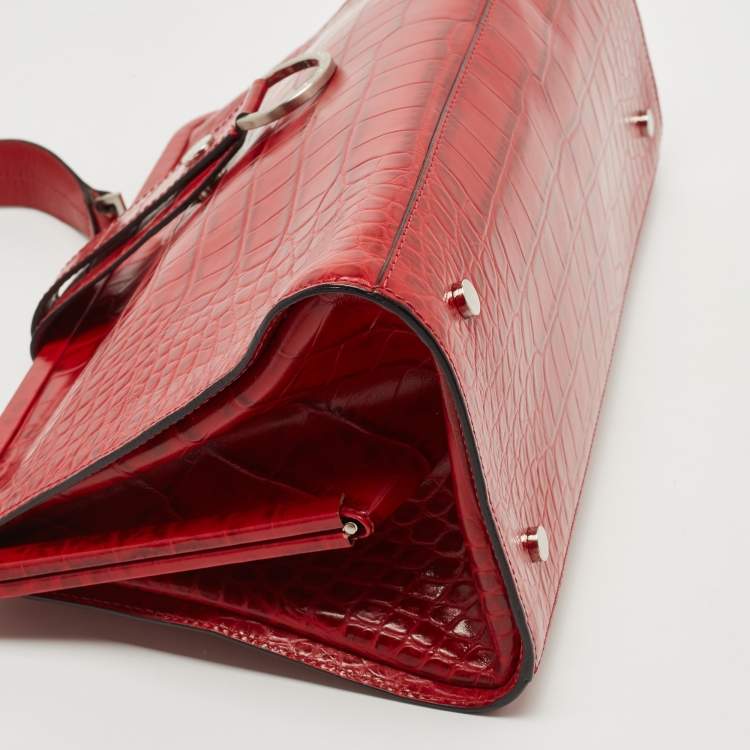 Pre Owned Burberry Red Croc Embossed Leather Frame Satchel