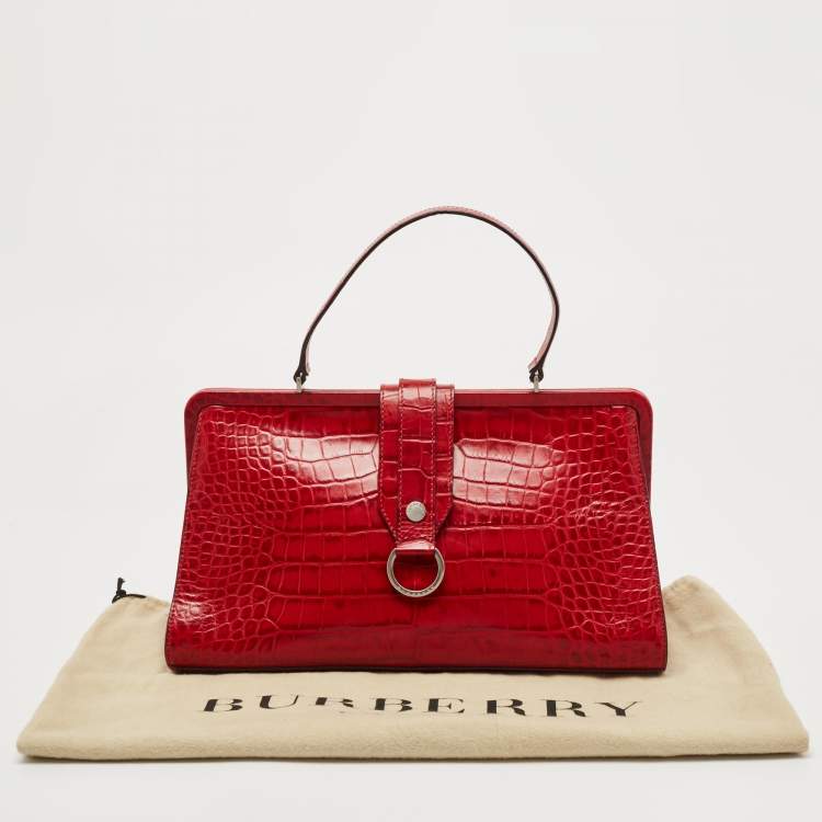 Pre Owned Burberry Red Croc Embossed Leather Frame Satchel