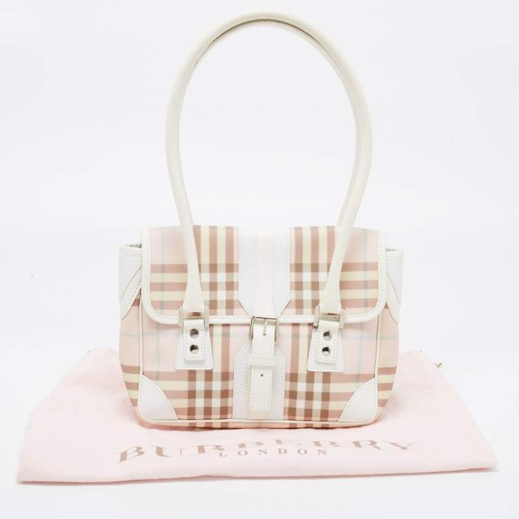 Pre Owned Burberry Pink/White House Check PVC and Leather Buckle Flap Satchel