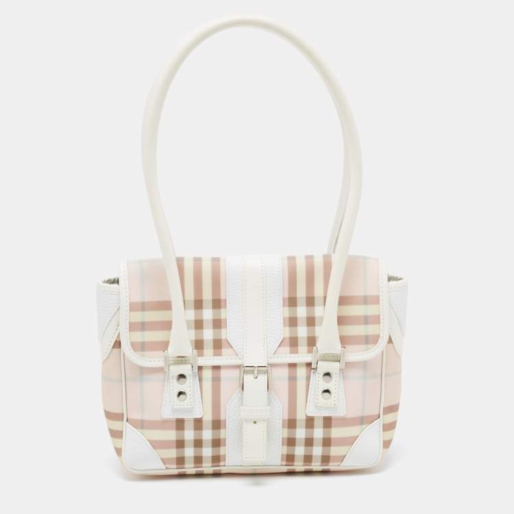 Pre Owned Burberry Pink/White House Check PVC and Leather Buckle Flap Satchel