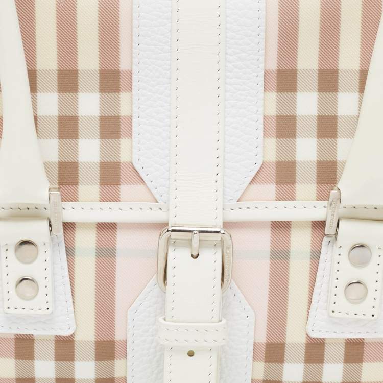 Pre Owned Burberry Pink/White House Check PVC and Leather Buckle Flap Satchel