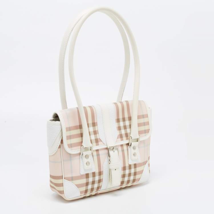 Pre Owned Burberry Pink/White House Check PVC and Leather Buckle Flap Satchel