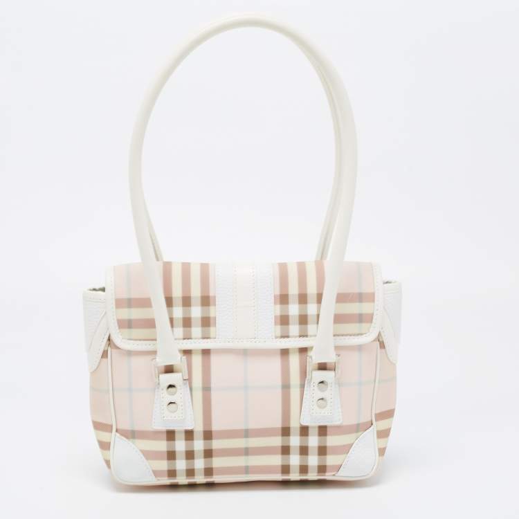 Pre Owned Burberry Pink/White House Check PVC and Leather Buckle Flap Satchel