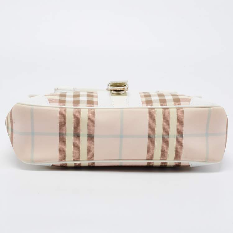 Pre Owned Burberry Pink/White House Check PVC and Leather Buckle Flap Satchel
