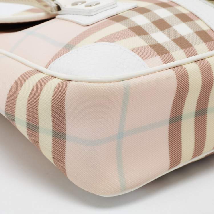 Pre Owned Burberry Pink/White House Check PVC and Leather Buckle Flap Satchel