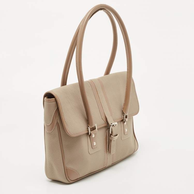 Pre Owned Burberry Beige/Brown Leather Buckle Flap Satchel