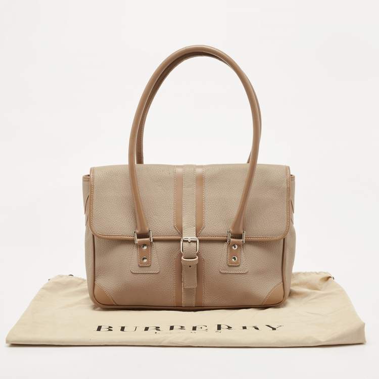 Pre Owned Burberry Beige/Brown Leather Buckle Flap Satchel
