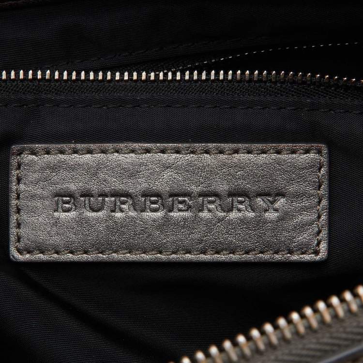 Pre Owned Burberry Metallic Grey Smoke Check Canvas and Leather Satchel