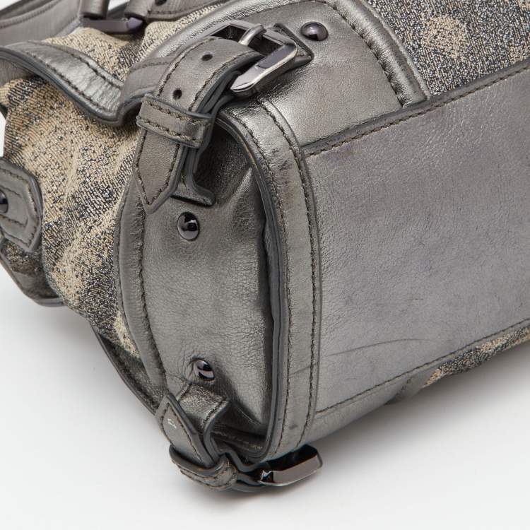 Pre Owned Burberry Metallic Grey Smoke Check Canvas and Leather Satchel