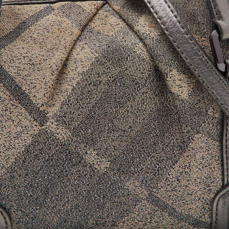 Pre Owned Burberry Metallic Grey Smoke Check Canvas and Leather Satchel
