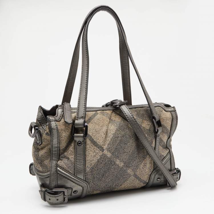 Pre Owned Burberry Metallic Grey Smoke Check Canvas and Leather Satchel