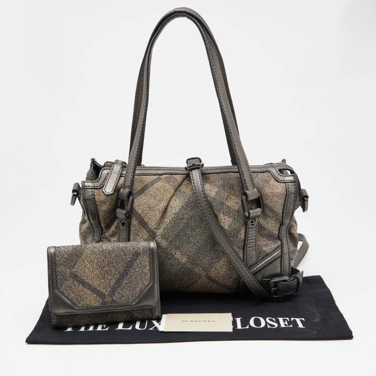 Pre Owned Burberry Metallic Grey Smoke Check Canvas and Leather Satchel