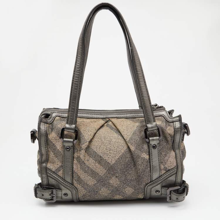 Pre Owned Burberry Metallic Grey Smoke Check Canvas and Leather Satchel