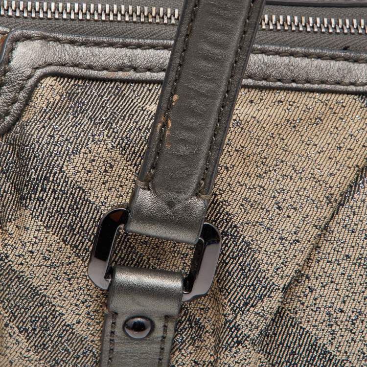 Pre Owned Burberry Metallic Grey Smoke Check Canvas and Leather Satchel