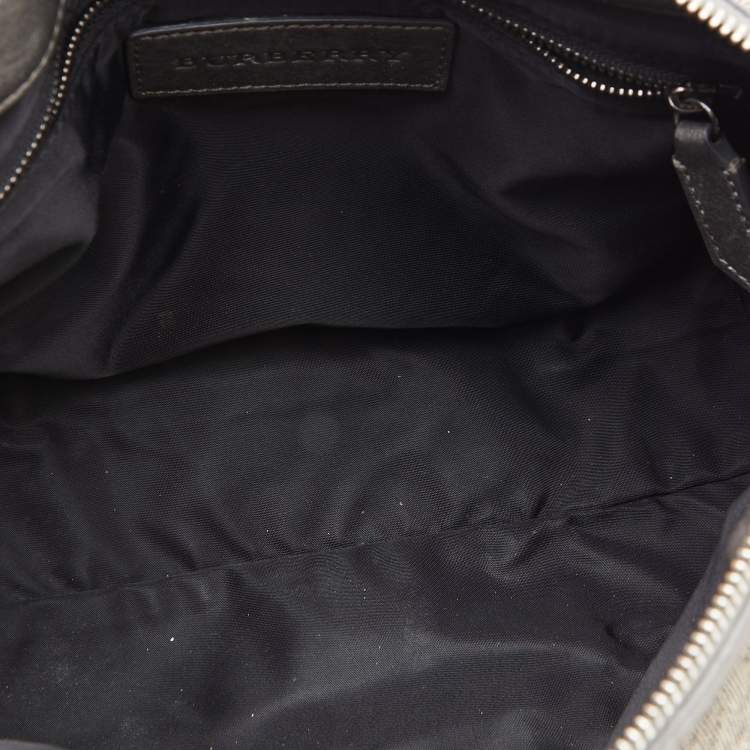 Pre Owned Burberry Metallic Grey Smoke Check Canvas and Leather Satchel