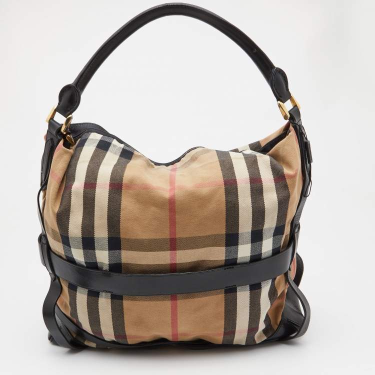Pre Owned Burberry Beige/Black House Check Canvas and Leather Medium Bridle Gosford Hobo