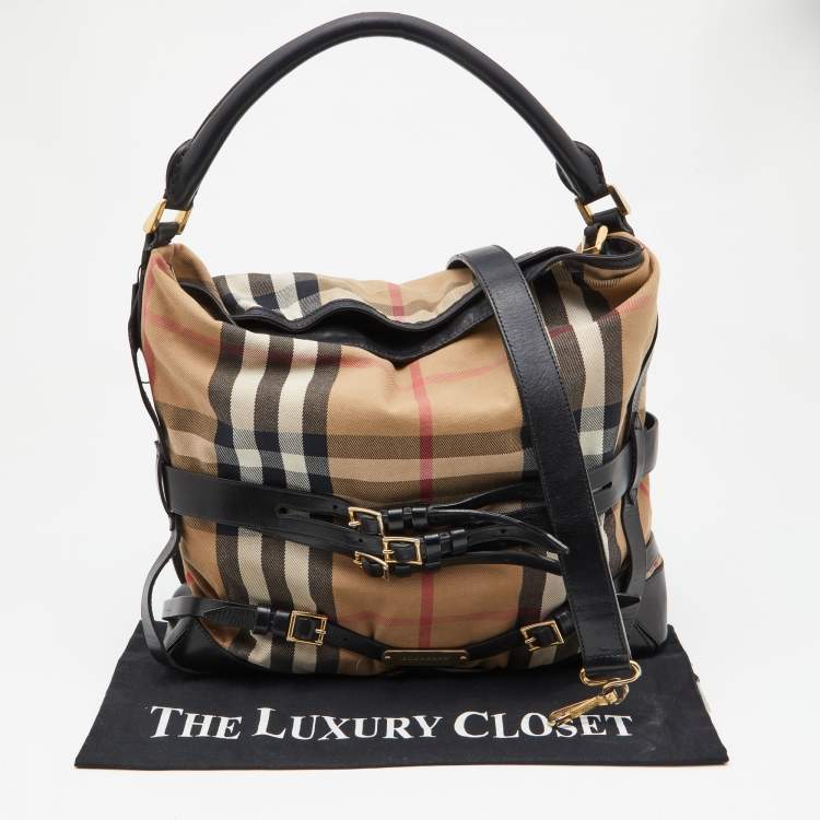 Pre Owned Burberry Beige/Black House Check Canvas and Leather Medium Bridle Gosford Hobo