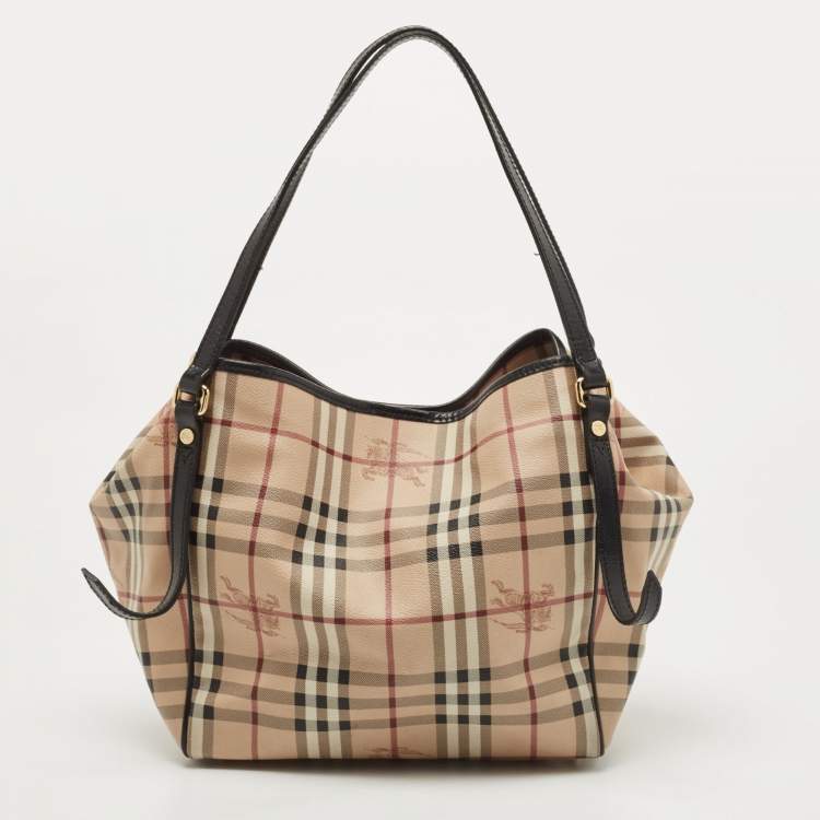 Pre Owned Burberry Black/Beige Haymarket Check PVC and Leather Canterbury Tote