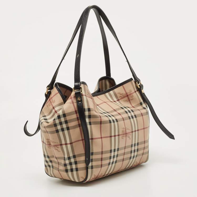 Pre Owned Burberry Black/Beige Haymarket Check PVC and Leather Canterbury Tote