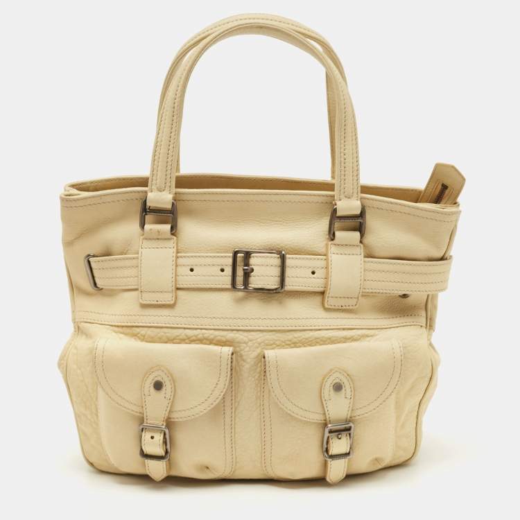 Pre Owned Burberry Light Yellow Leather Multiple Pocket Shoulder Bag