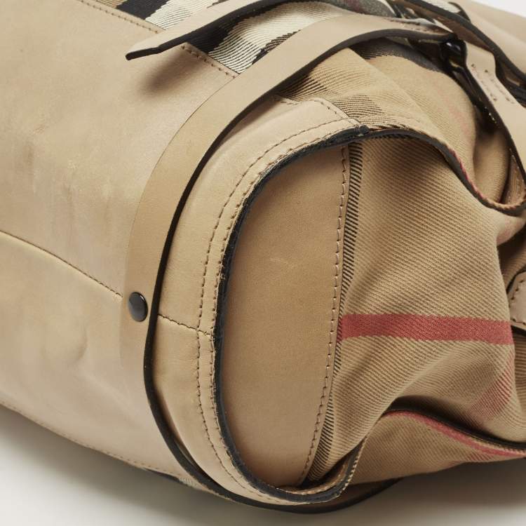 Pre Owned Burberry Beige Leather and Canvas Bridle House Check Canvas Satchel