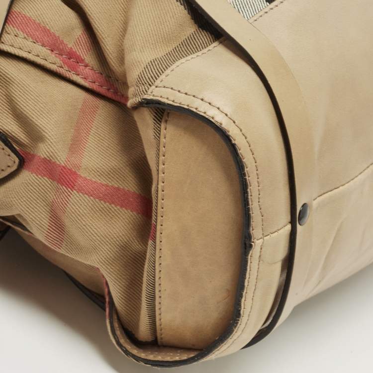 Pre Owned Burberry Beige Leather and Canvas Bridle House Check Canvas Satchel