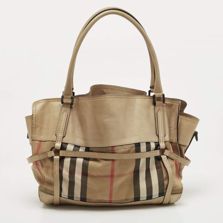 Pre Owned Burberry Beige Leather and Canvas Bridle House Check Canvas Satchel