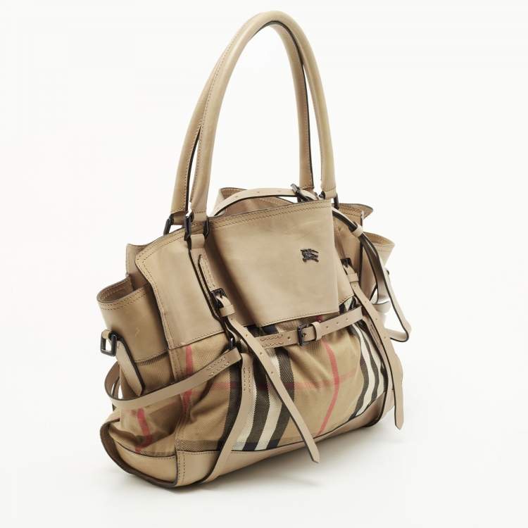 Pre Owned Burberry Beige Leather and Canvas Bridle House Check Canvas Satchel