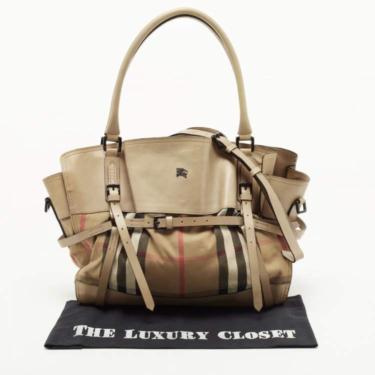 Pre Owned Burberry Beige Leather and Canvas Bridle House Check Canvas Satchel