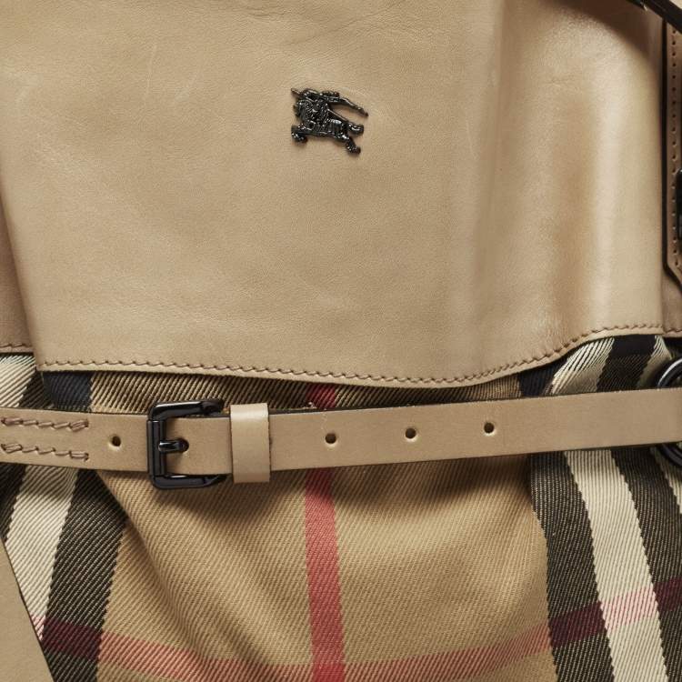Pre Owned Burberry Beige Leather and Canvas Bridle House Check Canvas Satchel
