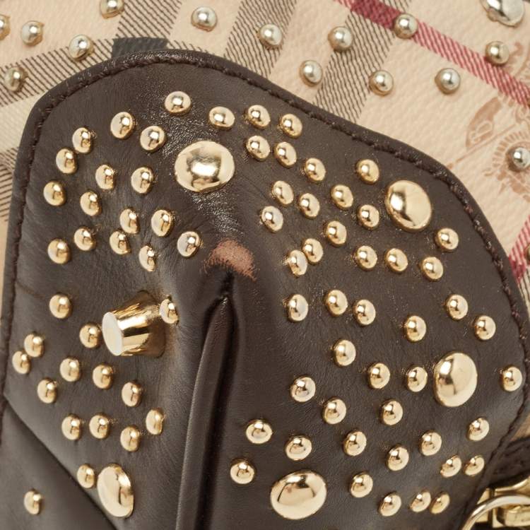 Pre Owned Burberry Beige/Brown Haymarket Check PVC and Leather Studded Satchel