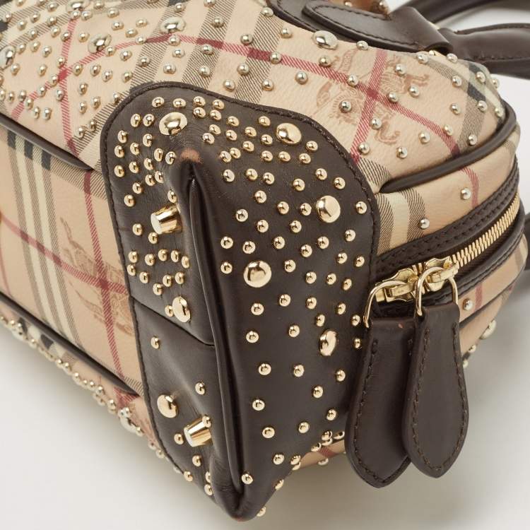 Pre Owned Burberry Beige/Brown Haymarket Check PVC and Leather Studded Satchel
