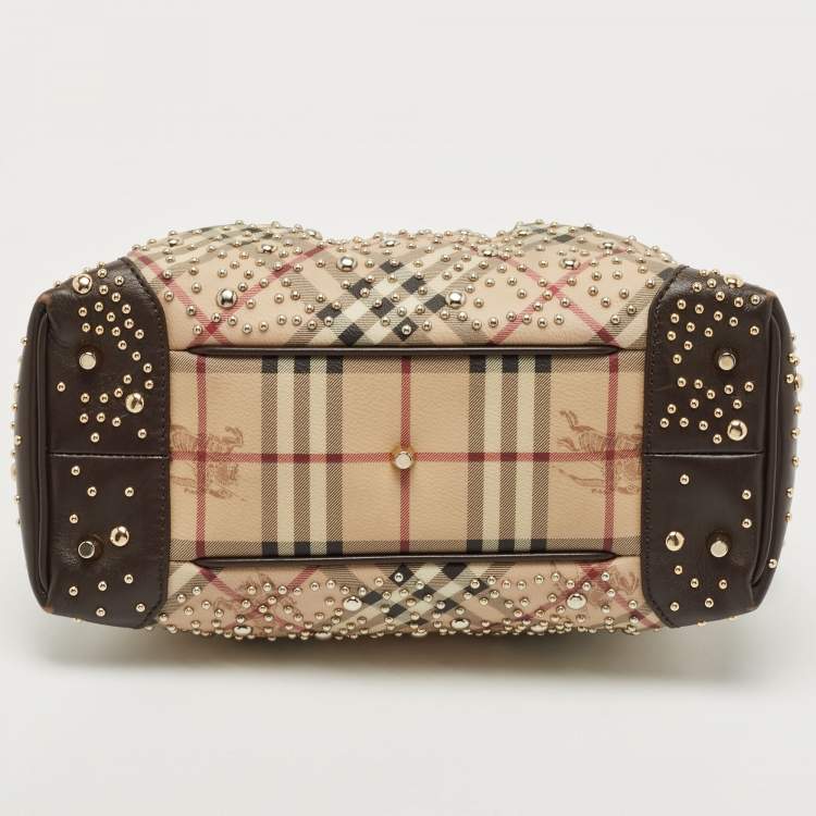 Pre Owned Burberry Beige/Brown Haymarket Check PVC and Leather Studded Satchel